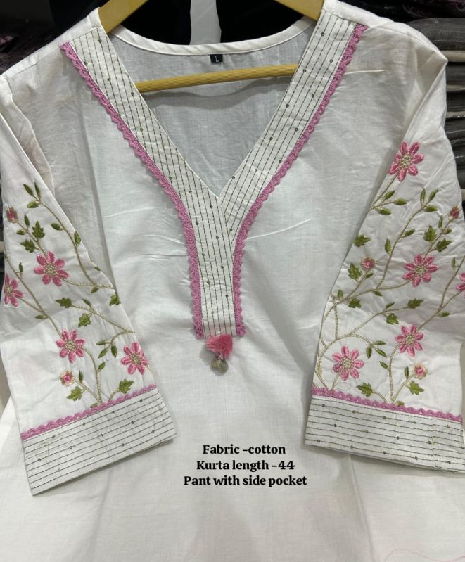 Ladies White Cotton Kurta Pant Set