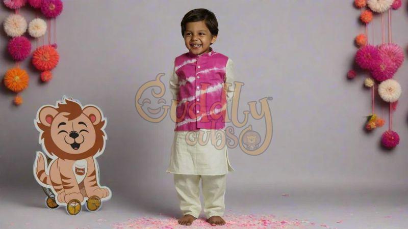 Boys Hot Pink Tie-Dye Jacket with Kurta Pajama Set
