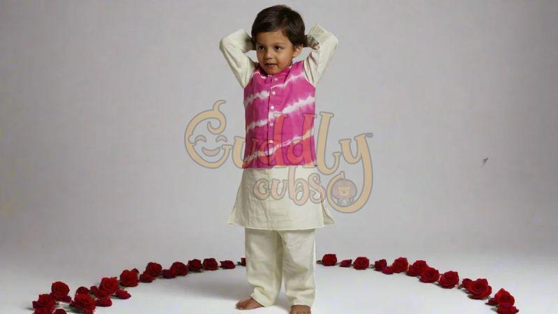 Boys Hot Pink Tie-Dye Jacket with Kurta Pajama Set