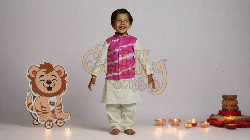 Boys Hot Pink Tie-Dye Jacket with Kurta Pajama Set