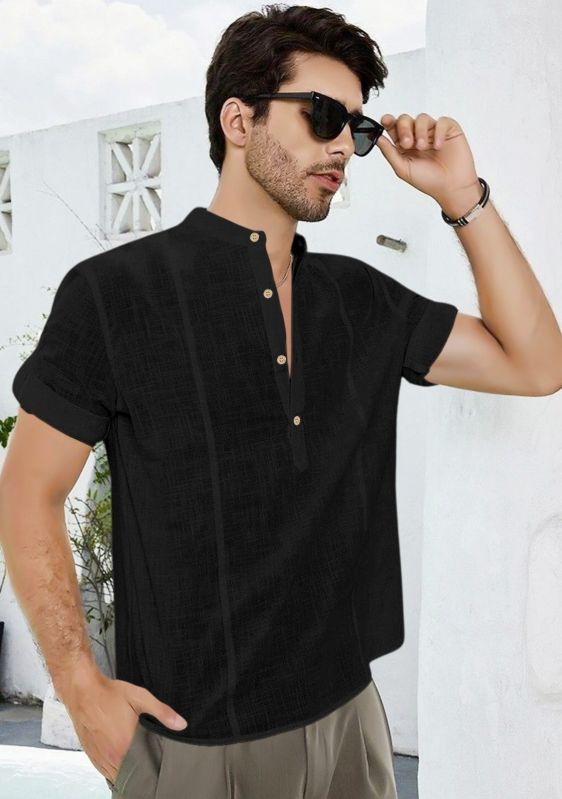 Mens Black Mandarin Collar Shirt