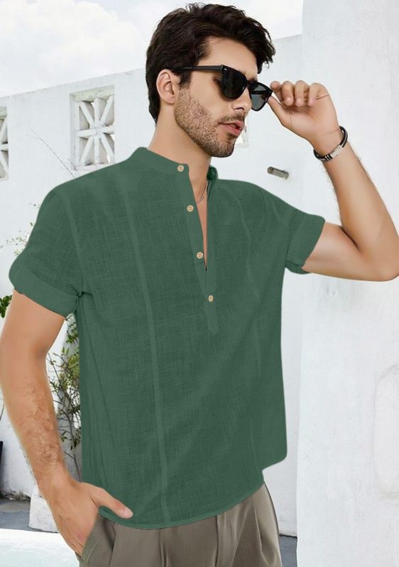 Mens Dark Green Mandarin Collar Shirt