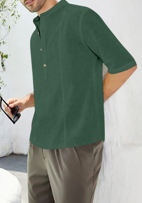 Mens Dark Green Mandarin Collar Shirt