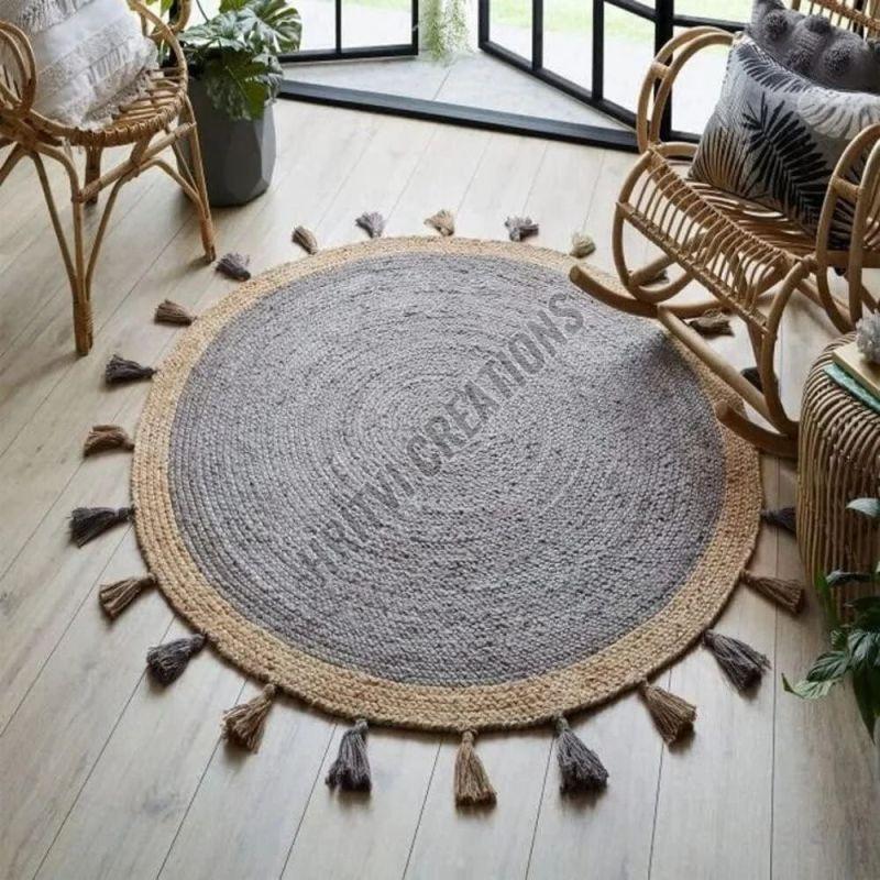 Plain Beige Gray Round Hand Braided Jute Rug