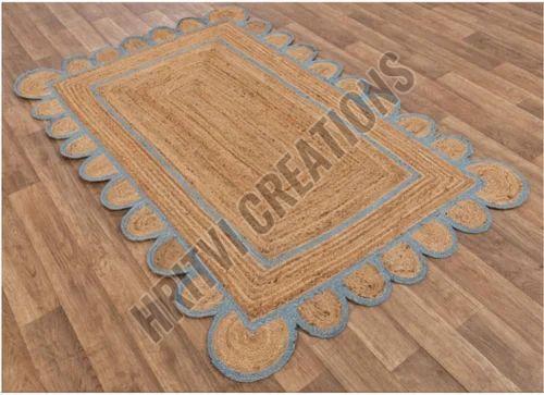 Gooky Goods Plain Scalloped Blue Border Jute Rug, Shape : Rectangular