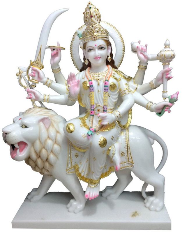 White and Golden Painted Maa Durga Marble Statue