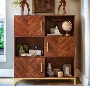 Bashar Brown Golden Finish Mango Wood Iron Book Shelf