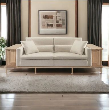 BATZORIG OAK WOOD & VELVET 2 SEATER SCAFFOLD SOFA WHITE