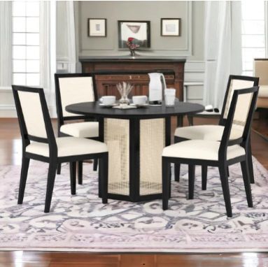 BRINA 4 SEATER SOLID MANGO WOOD & RATTAN DINING SET WITH CHAIRS