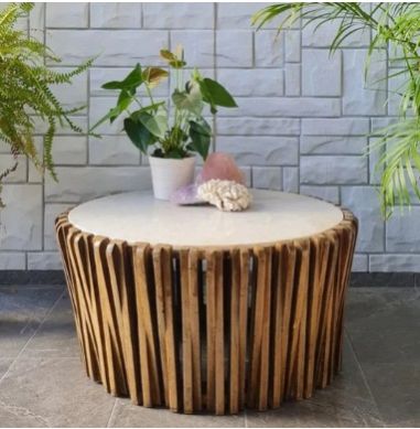 BRYAN OAK WOOD & MARBLE TOP COFFEE TABLE