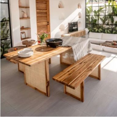 DERION 6 SEATER RATTAN DINING TABLE 2 CHAIRS WITH BENCH