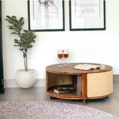 JAXON SOLID SHEESHAM WOOD & RATTAN COFFEE TABLE