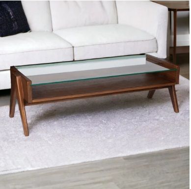 MAREK SOLID TEAK WOOD COFFEE TABLE GLASS