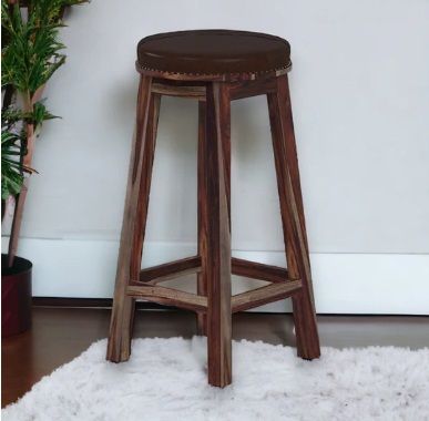 NISMAAYA ADAMS SOLID WOOD & LEATHER UPHOLSTERED ROUND BAR STOOL