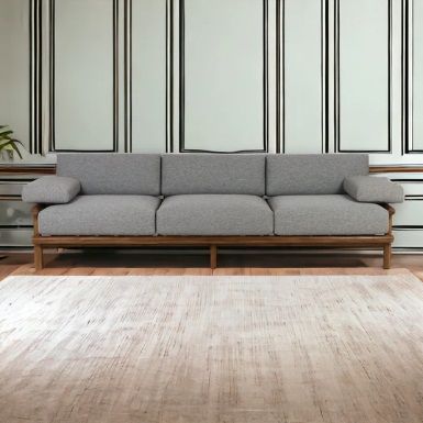 TEAK SOFA WITH GREY LINEN FABRIC