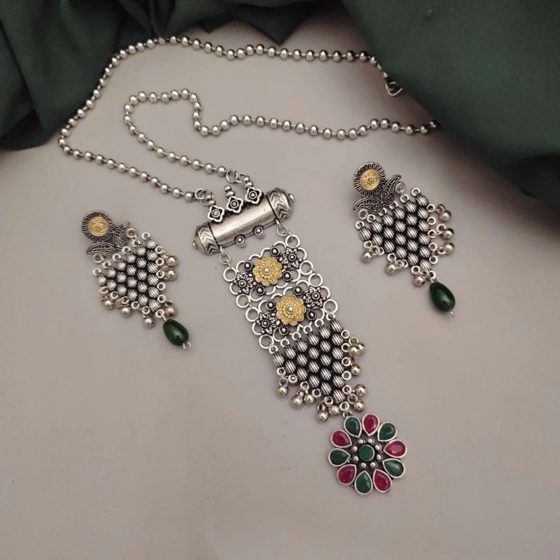 Trendy Two Tone Oxidized Long Chain Necklace Set For Women