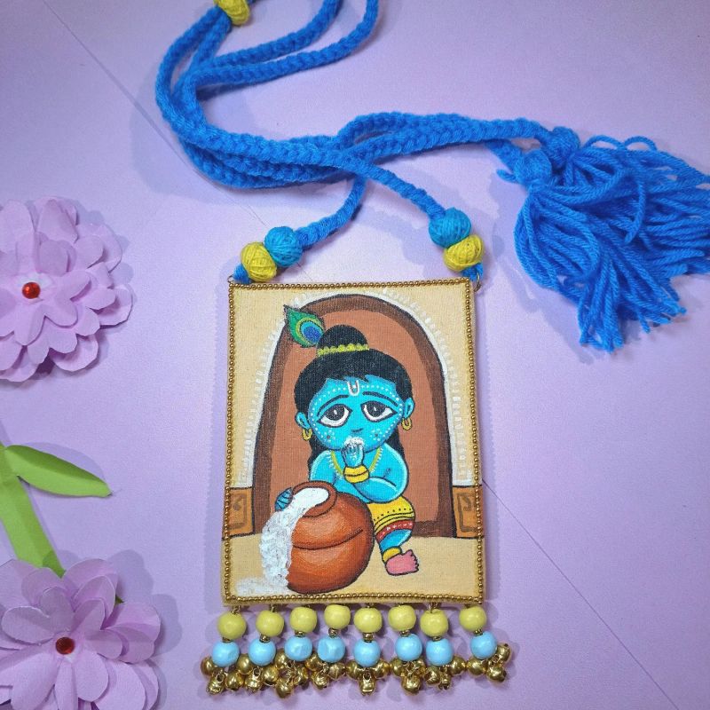 Makhan Chor Handcrafted Fabric Necklace With Bead and Ghungroo Bell Charm