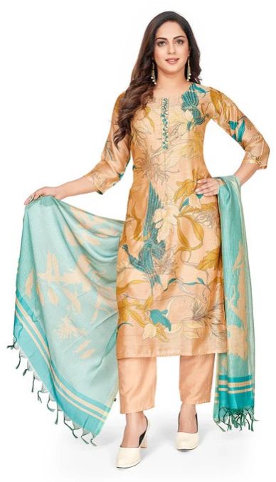 Beige Chanderi Floral Print Kurti Set For Women's