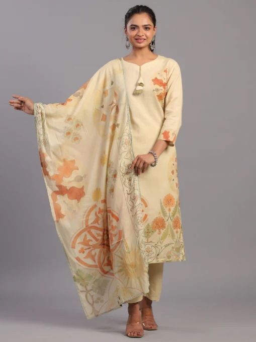 Beige Cotton Linen Abstract Print Hand Embroidery Kurti Set
