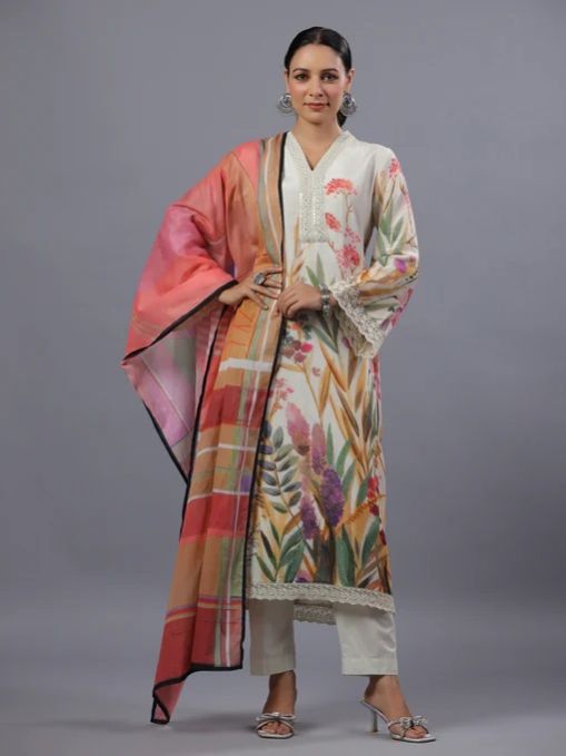 Beige PolySilk Ladies Floral Printed Kurti Set