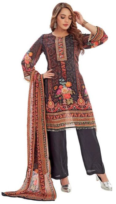 Black Chinon Floral Printed Kurti Set for Women's