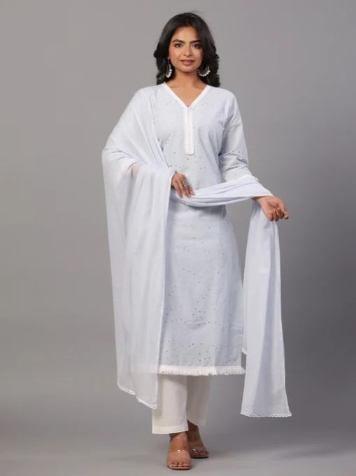 Cotton Cutwork Ladies Embroidered Kurti Set