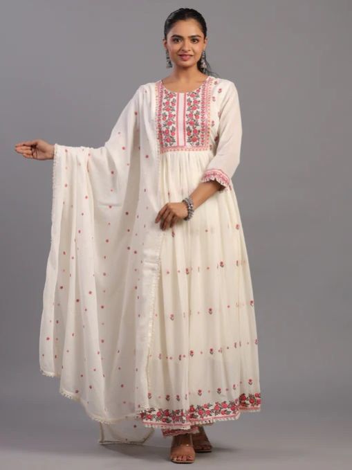 Cotton Mirror Work Embroidered Anarkali Kurti Set