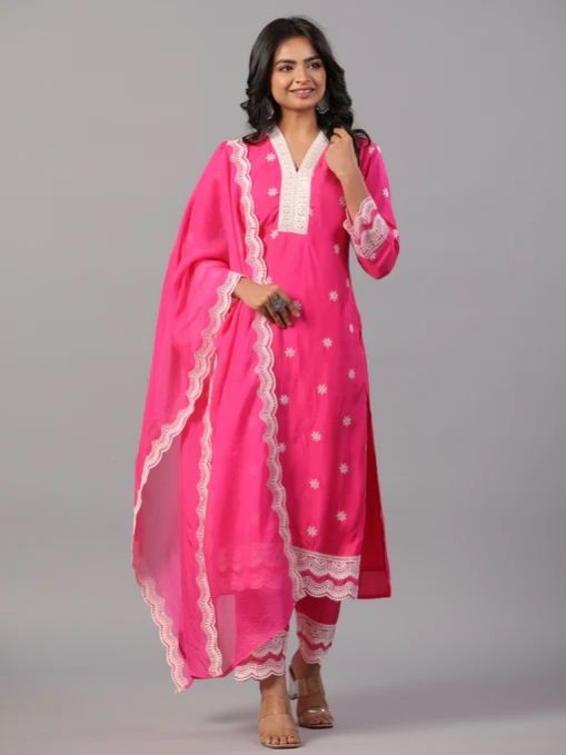Fuchsia Ladies Embroidered Kurti Set