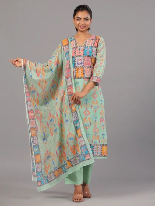 Green Goemetric Print Kurti Set