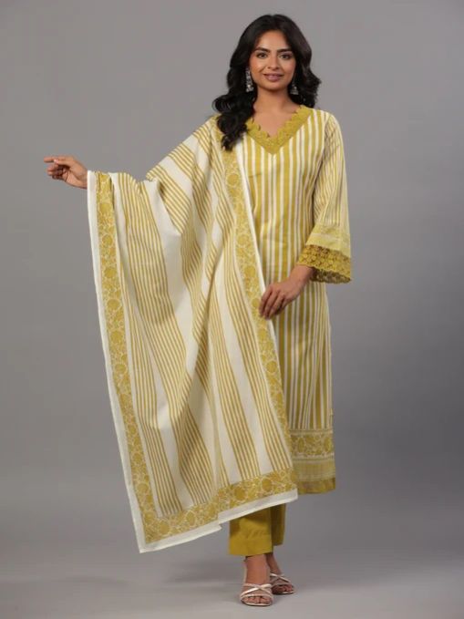 Green Vertical Stripped Ladies Print Kurti Set