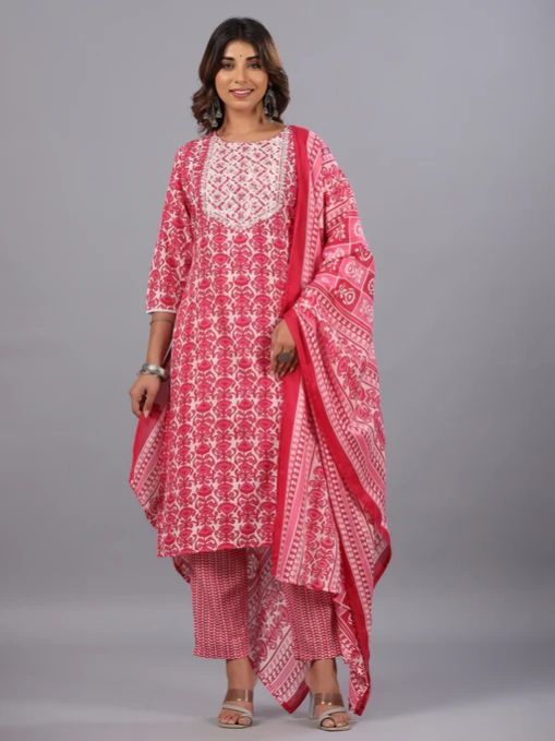 Magenta Jaipuri Print Ladies Embroidered Kurti Set