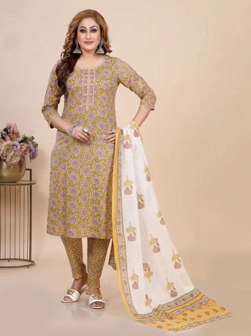 Mustard Block Ladies Printed Kurti Set