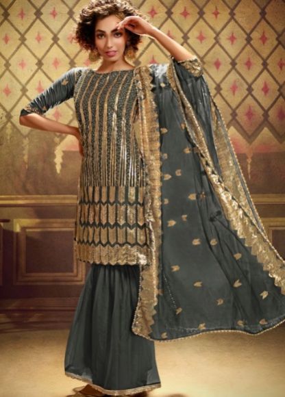 Women Grey Designer Soft Net Sharara Suit