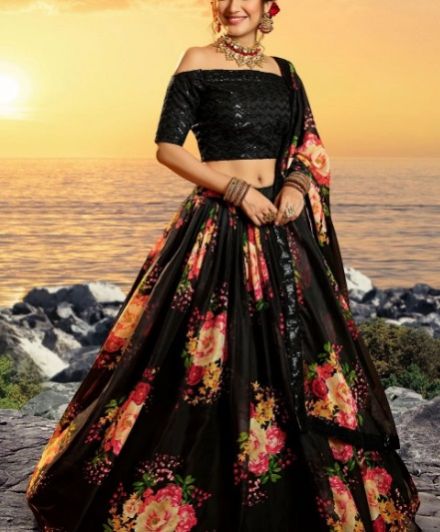 Women Midnight Black Organza Designer Floral Lehenga Choli