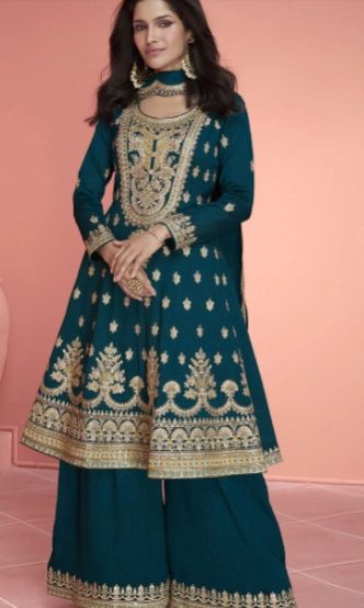 Women Prussian Blue Embroidered Plazzo Suit