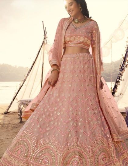 Women Salmon Lehenga Choli with Thread, Foli and Mirror Work (Pre-Order)