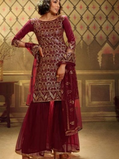 Women Overall Sequins Work Soft Net Sharara Suit