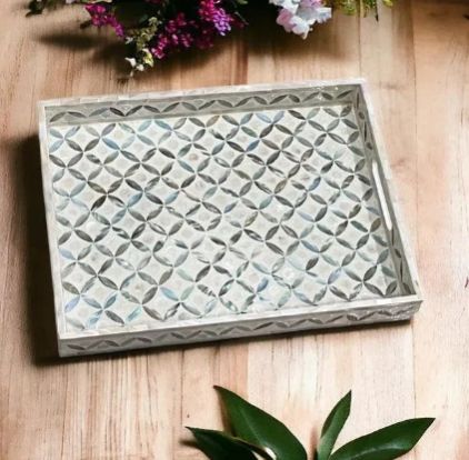 Ocean Blue Pattern Rectangular Tray In Mother Of Pearl