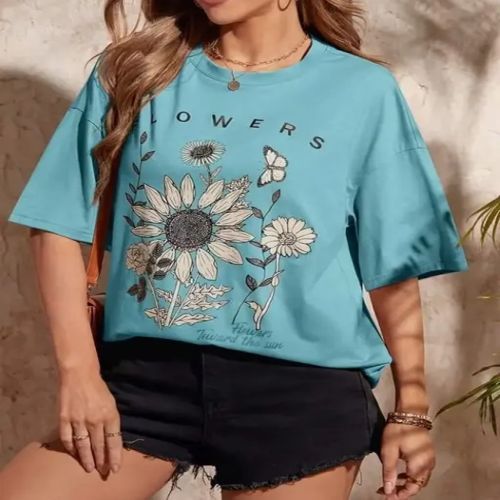 Ladies Blue Printed Cotton Oversized T Shirt