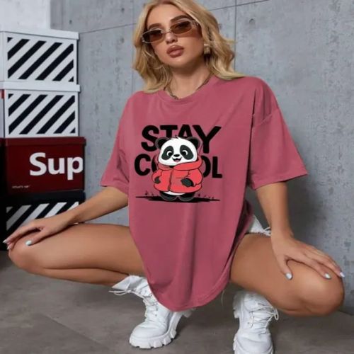 Ladies Cotton Pink Printed Oversized T Shirt
