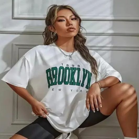 Ladies Cotton White  Printed Oversized T Shirt