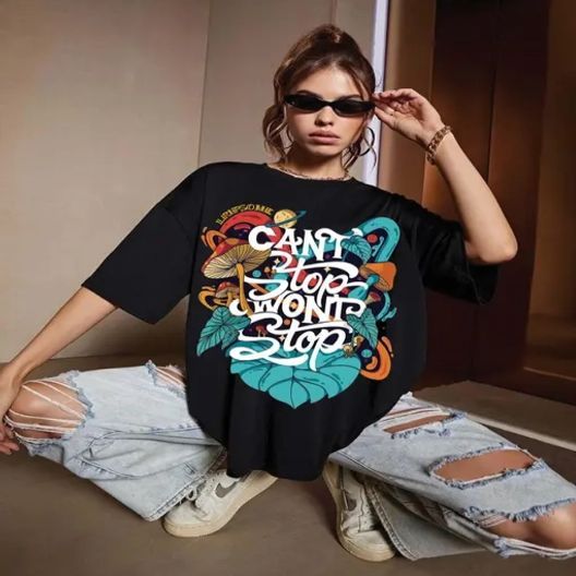 Ladies Stylish Black  Printed Oversize T-Shirt