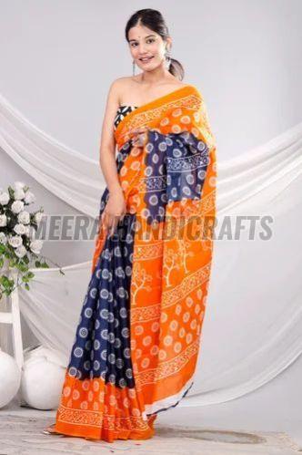 Ladies Dark Blue And Orange Block Printed Saree