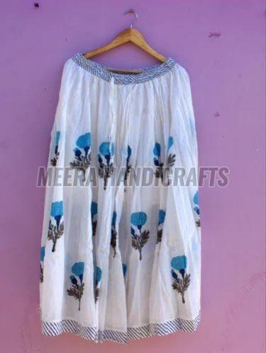 Cotton Ladies Hand Block Printed Long Skirt, Color : Blue
