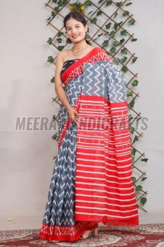 Ladies Red and Grey Block Printed Cotton Saree