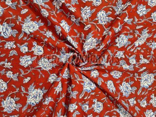 Red Floral Hand Block Print Cotton Fabric