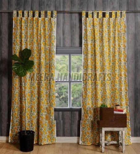 White Cotton Yellow Flower Printed Curtain 5 Ft