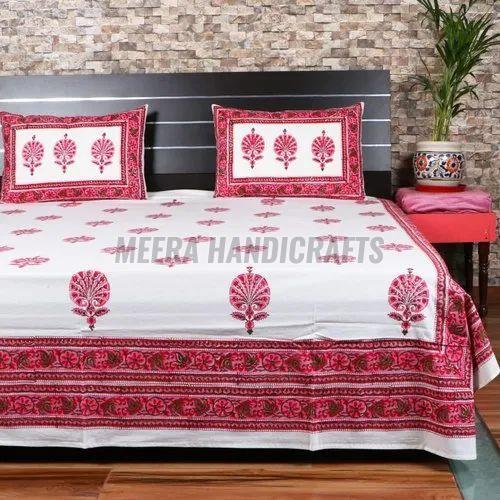 White Pink Handblock Printed Cotton Bed Sheet Set