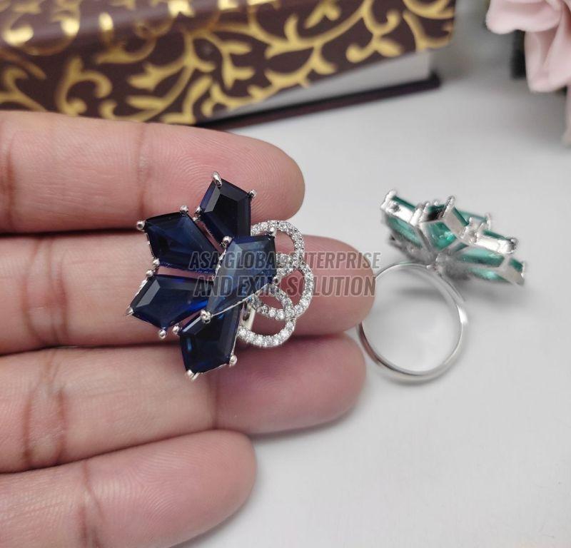 Ladies Brass Dark Blue Flower Crystal Finger Ring
