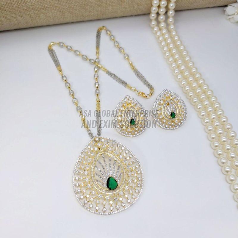 Ladies Brass Golden And Silver Green Stone Designer Pendant Set